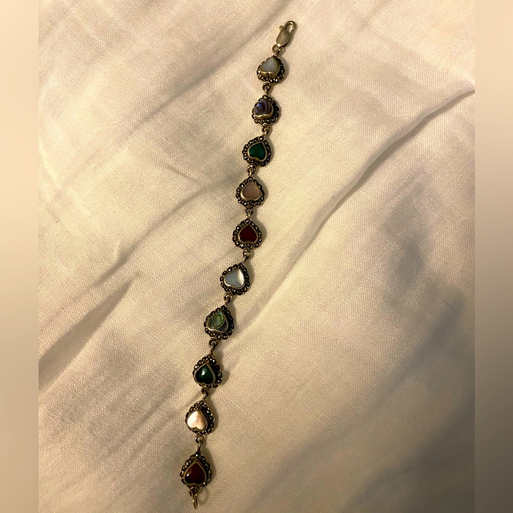 Multi-colored gemstone and marcasite silver bracelet.